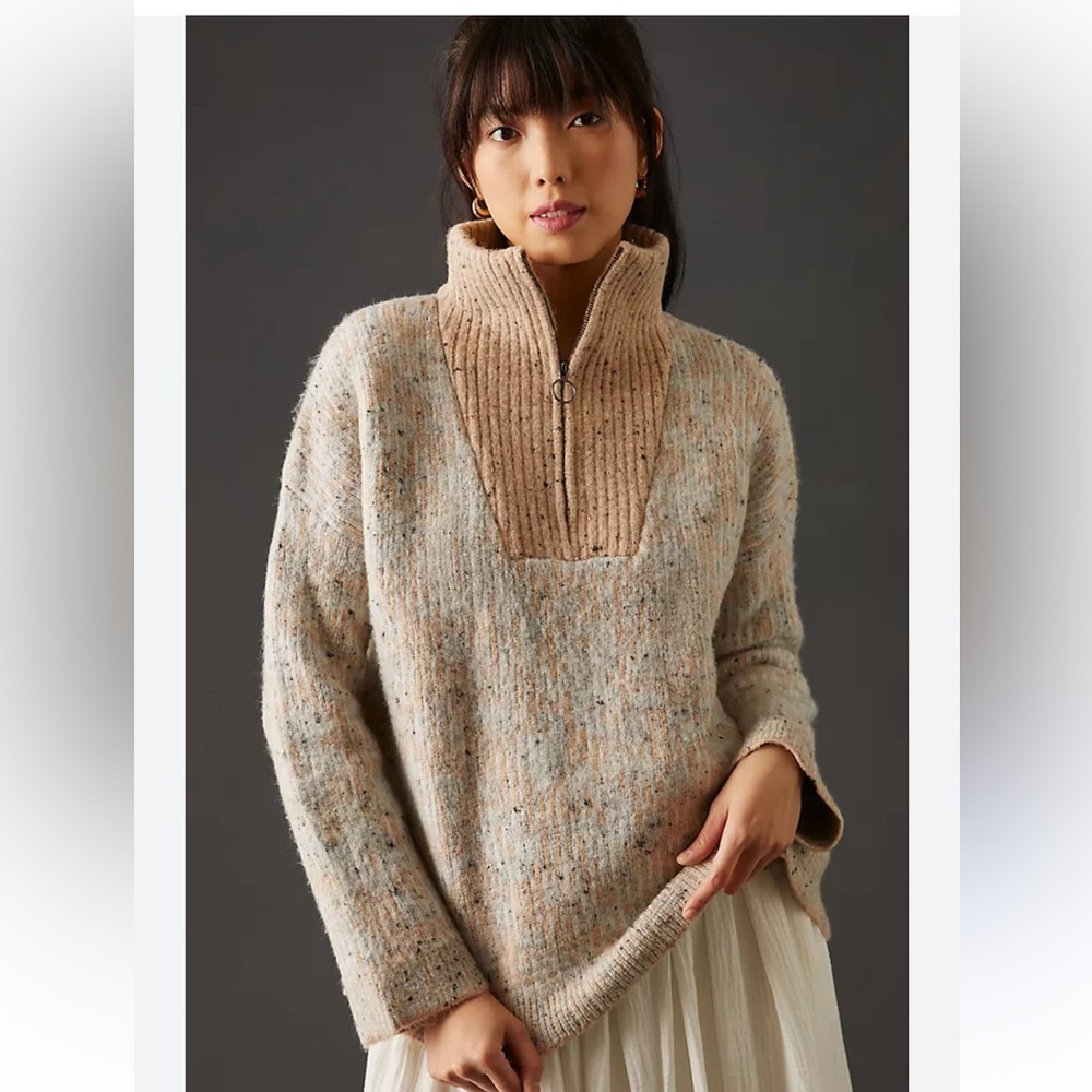 ANTHROPOLOGIE John + Jen Heathered Quarter Zip Sweater Size Med Thick Knit